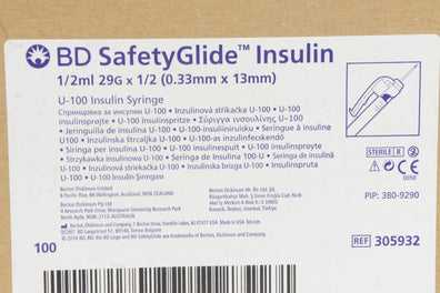 BD 305932 Safety Glide 1/2ml, 29G x 1/2 - Case of 100